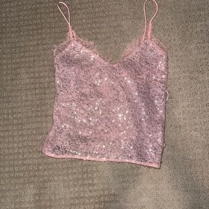 STAUD Pink Lace Sequin Top